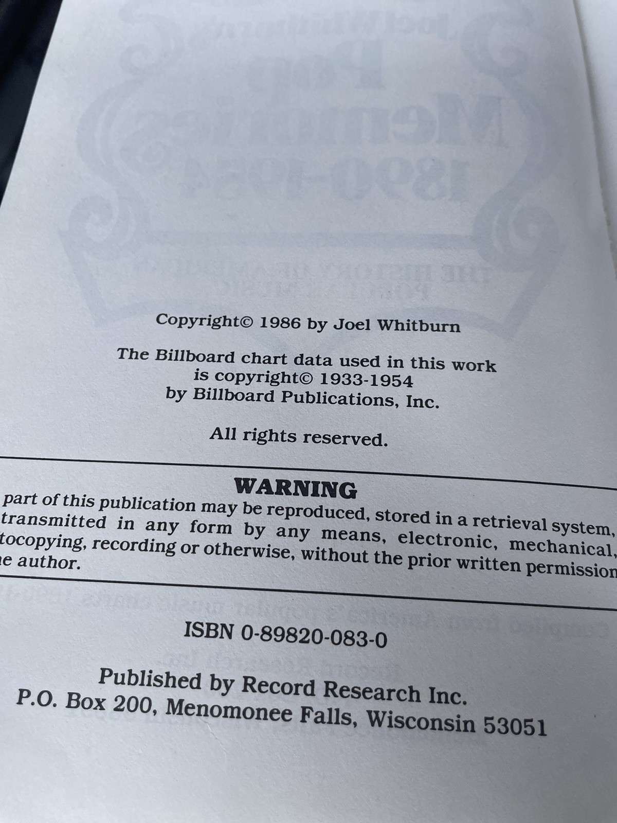 Pop Memories 1890-1954: The History – Hardcover, by Whitburn Joel – Acceptable