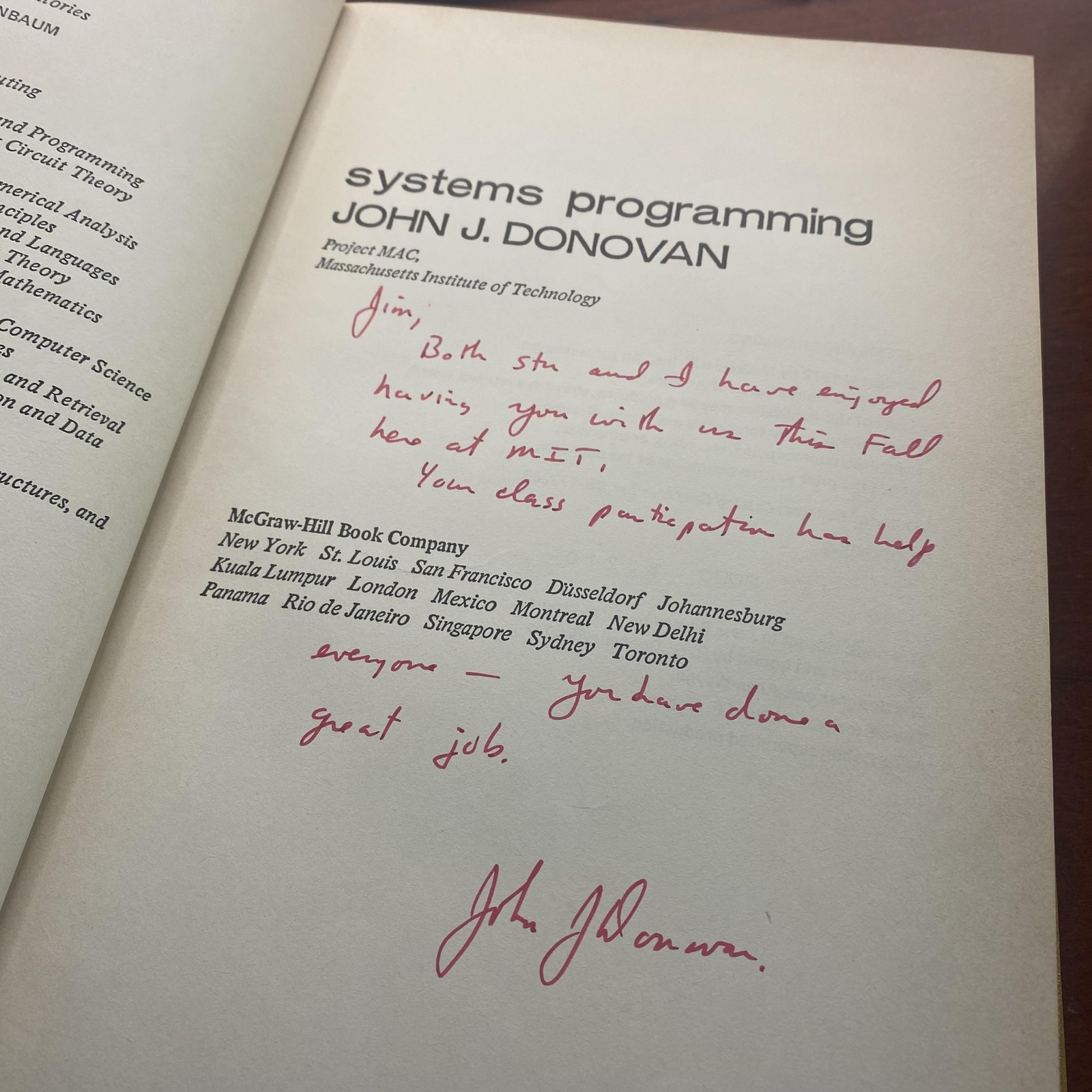 Vintage 1972 Systems Programming John J Donovan McGraw-Hill Gold HC Signed MIT