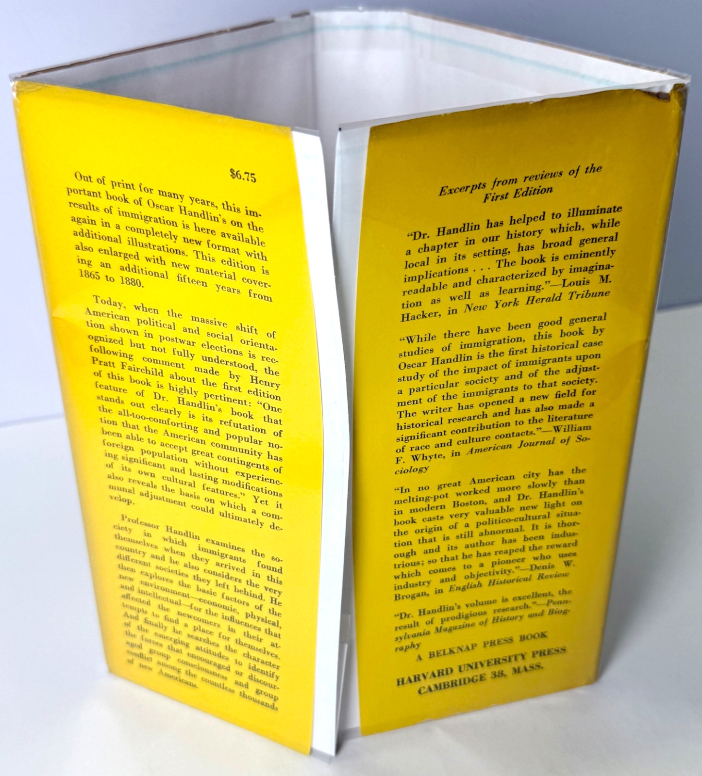 Boston’s Immigrants, Oscar Handlin, 1959 HCDJ in Mylar, Near fine