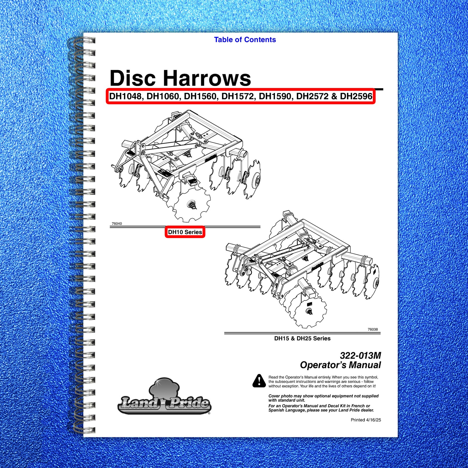 LAND PRIDE DH10 Series Disc Harrows Operators Manual – WIRE BOUND – TOUGH COVERS