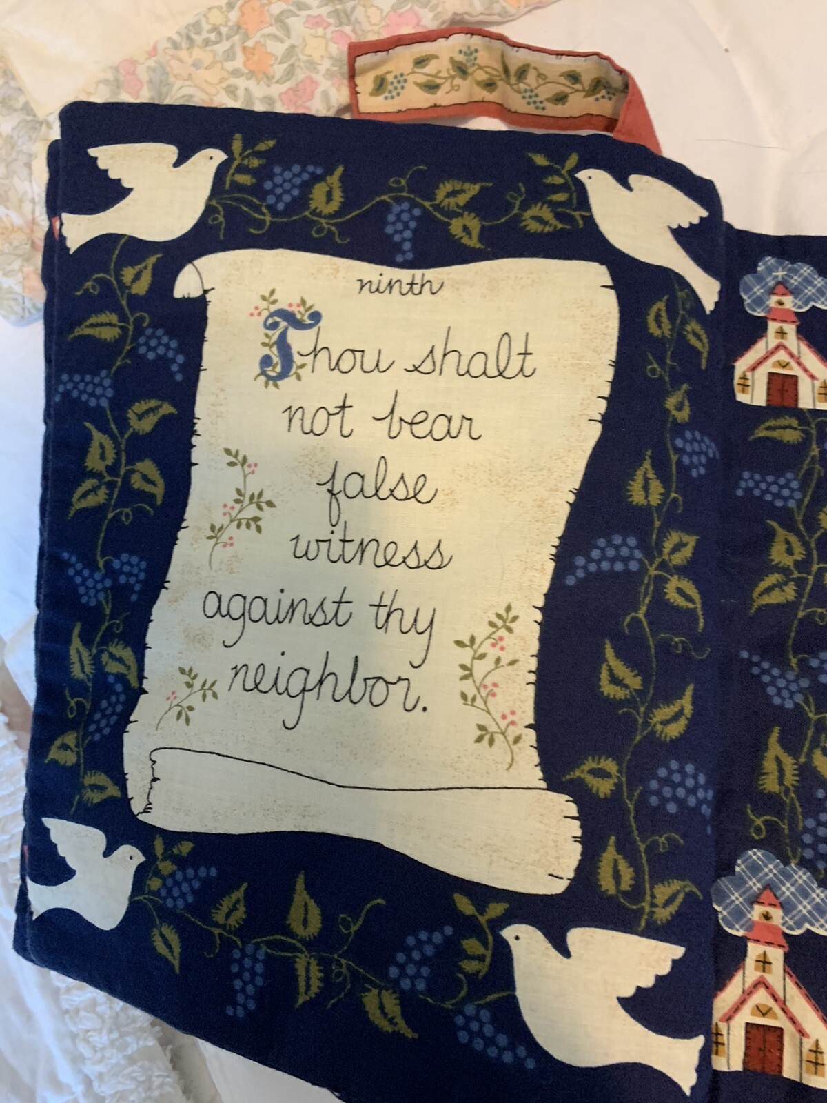 Vintage Cloth -Quilted 10 Commandments Book with Bookmark! 10 1/2 Inches Long