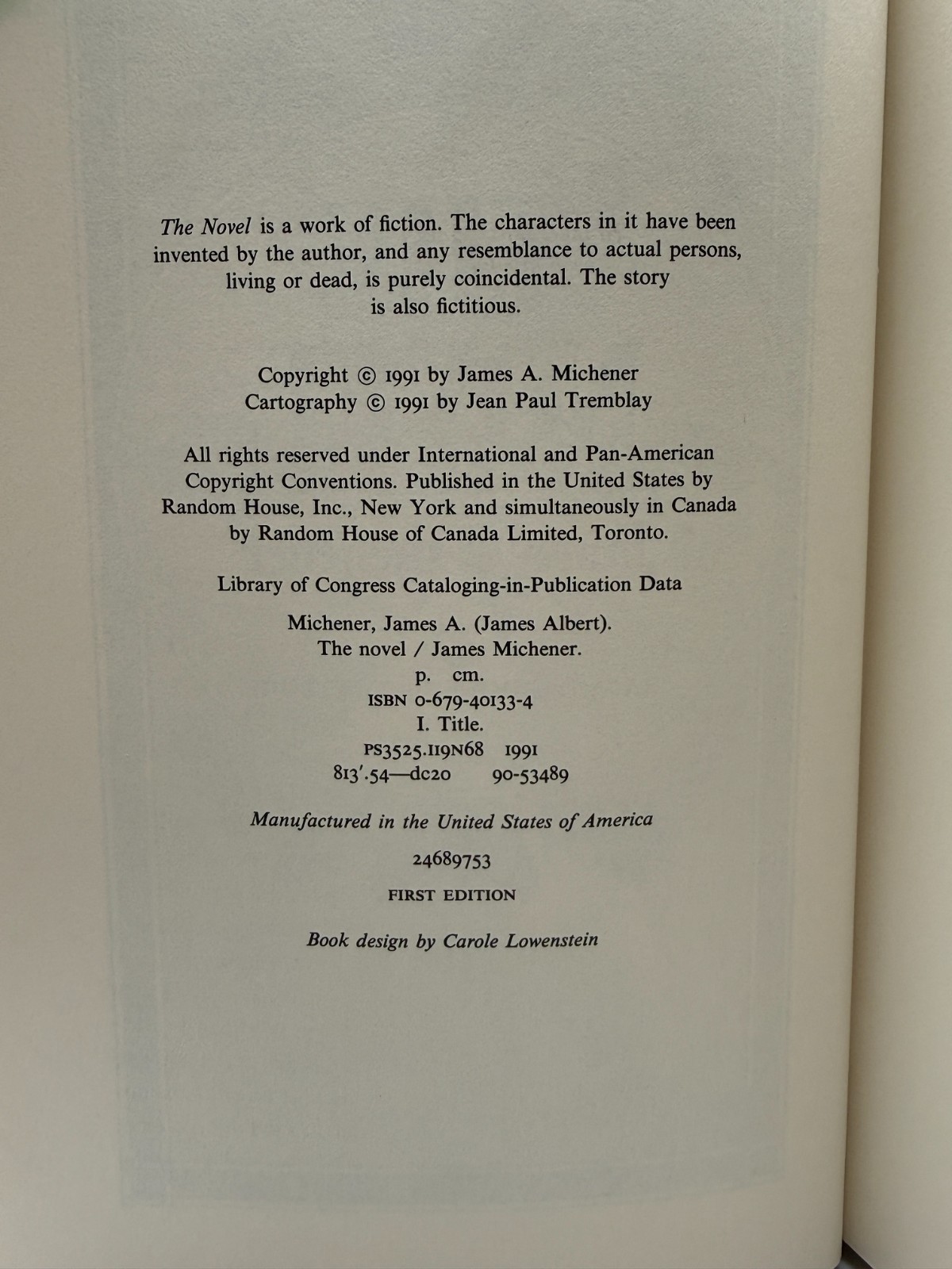 James A Michener The Novel First Edition 1991 Hardcover w/ Dust Jacket Excellent