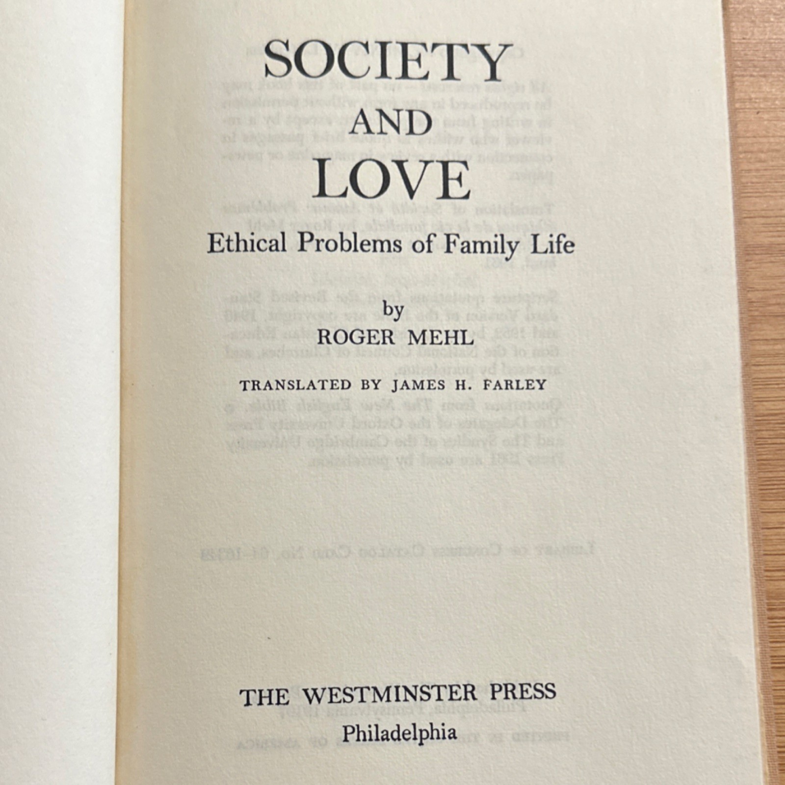 Society and Love Roger Mehl Hardcover The Westminster Press 1964 Vintage