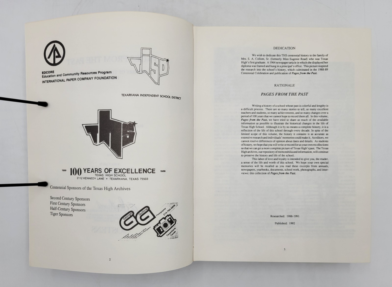 Pages From The Past History Of Texas High School Texarkana Texas HC 1992 RARE VG