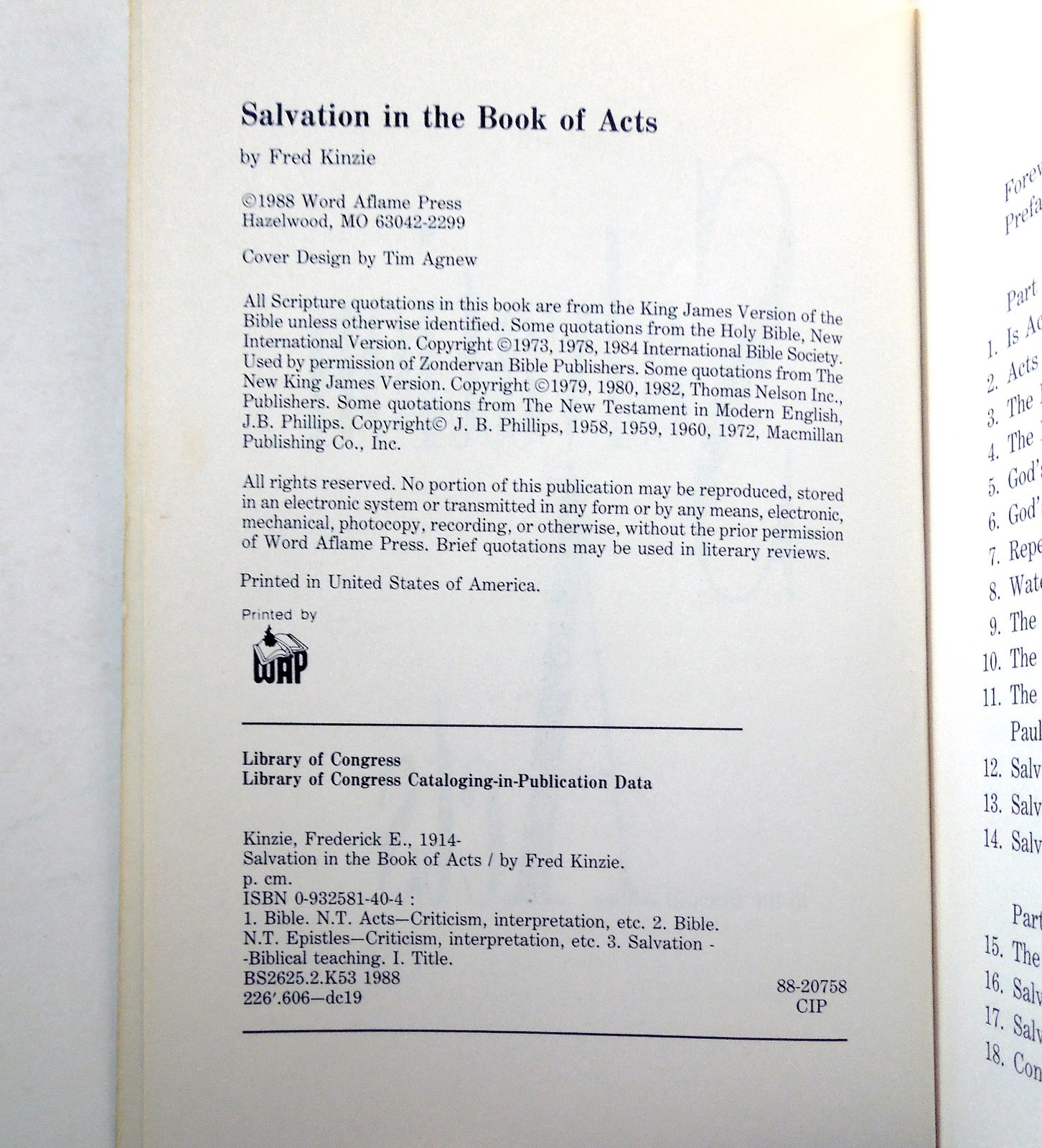 Salvation in the Book of Acts – Fred Kinzie, 1988 sc, Word Aflame Press