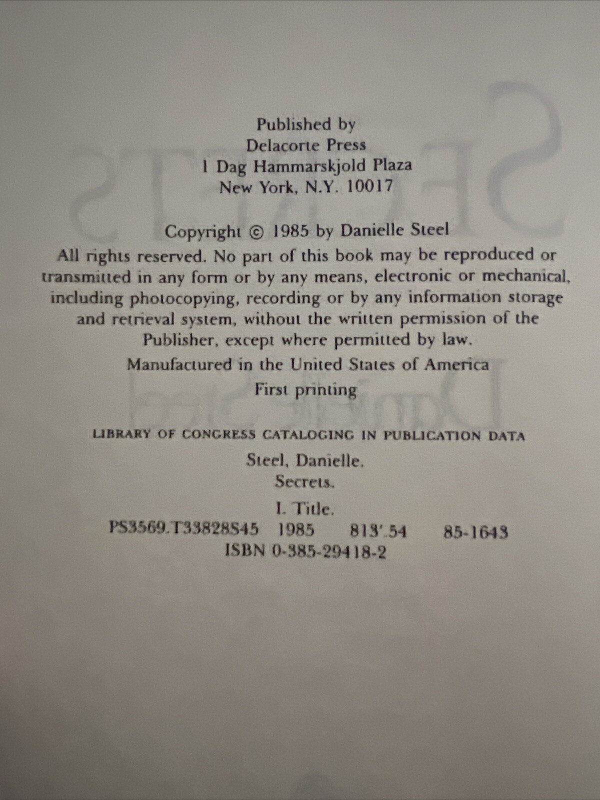 Danielle Steel Hardback “Secrets” 1985