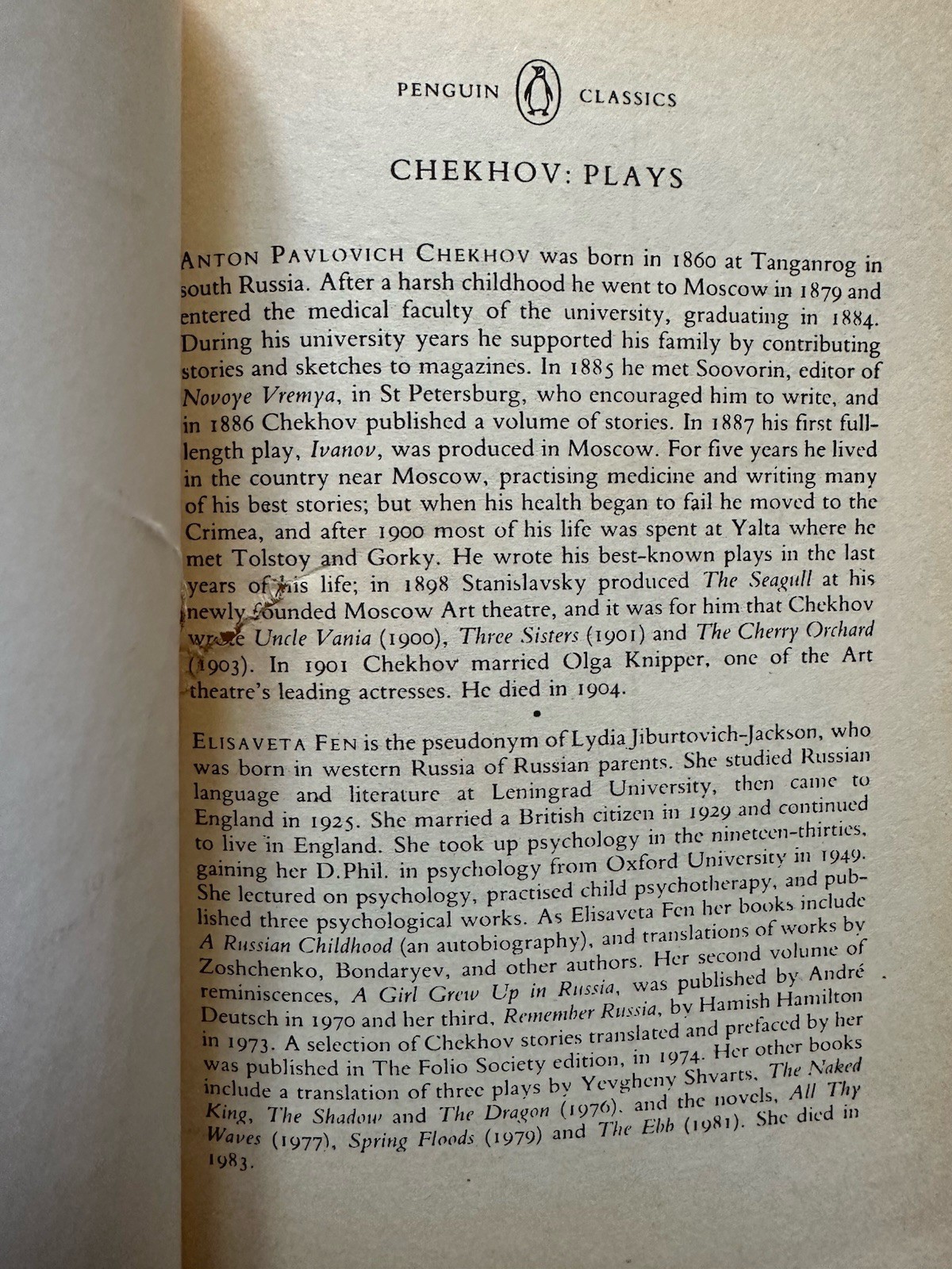 Lot of 2 “PLAYS” Anton Chekhov (1959) & “FATHERS AND SONS” Ivan Turgenev (1975)