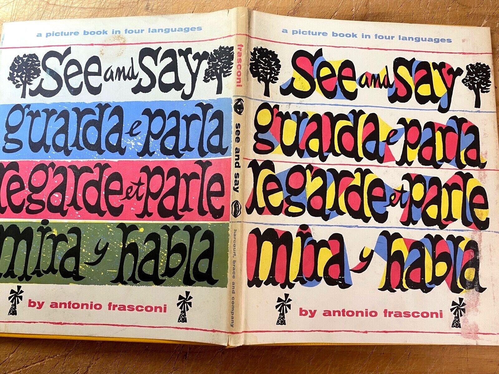 SAY & SEE IN FOUR LANGUAGES-FRASCONI 1955 1ST-RARE ILLUS CHILDRENS CLASSIC HB-NF