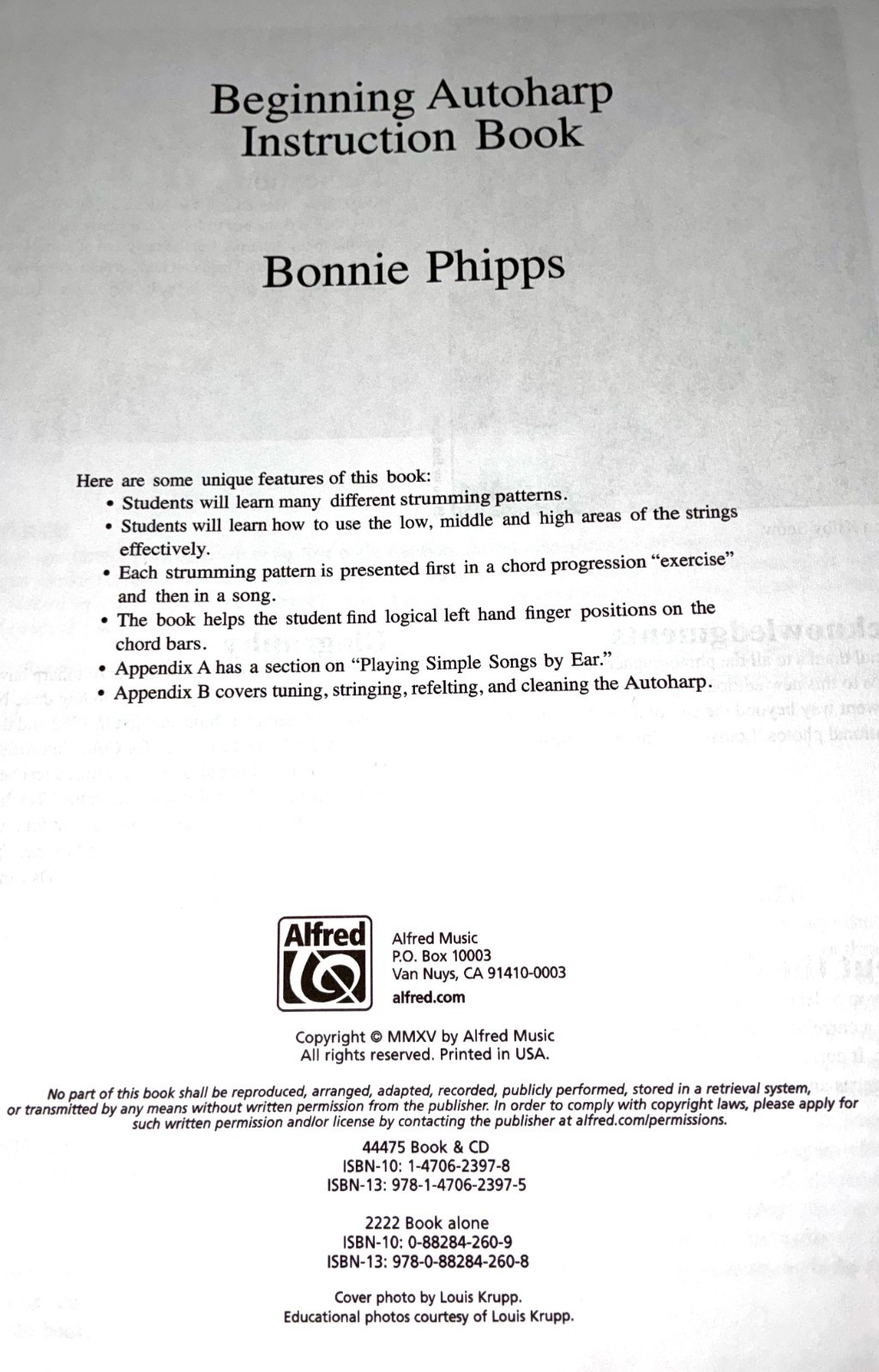 Beginning Autoharp Instruction Book Bonnie Phipps Alfred Music 2015 With CD