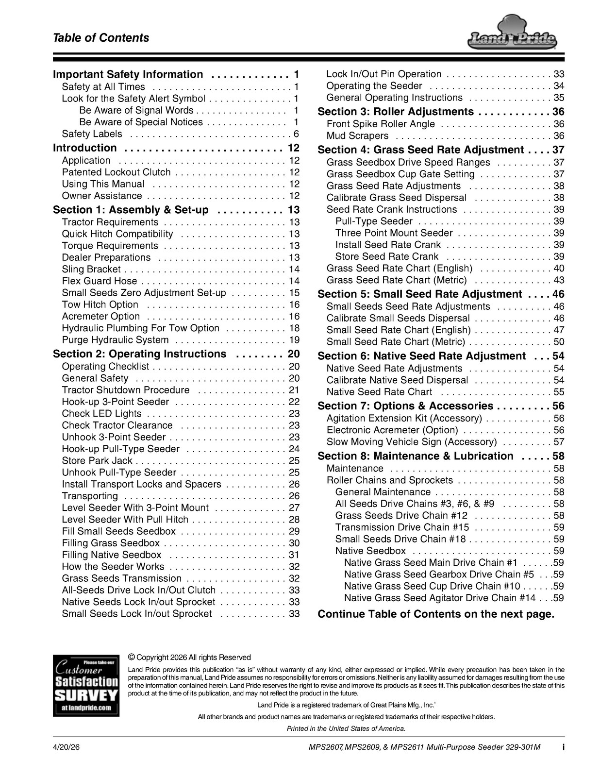 LAND PRIDE MPS26 Series Multi-purpose Seeder Operators Manual – WIRE BOUND