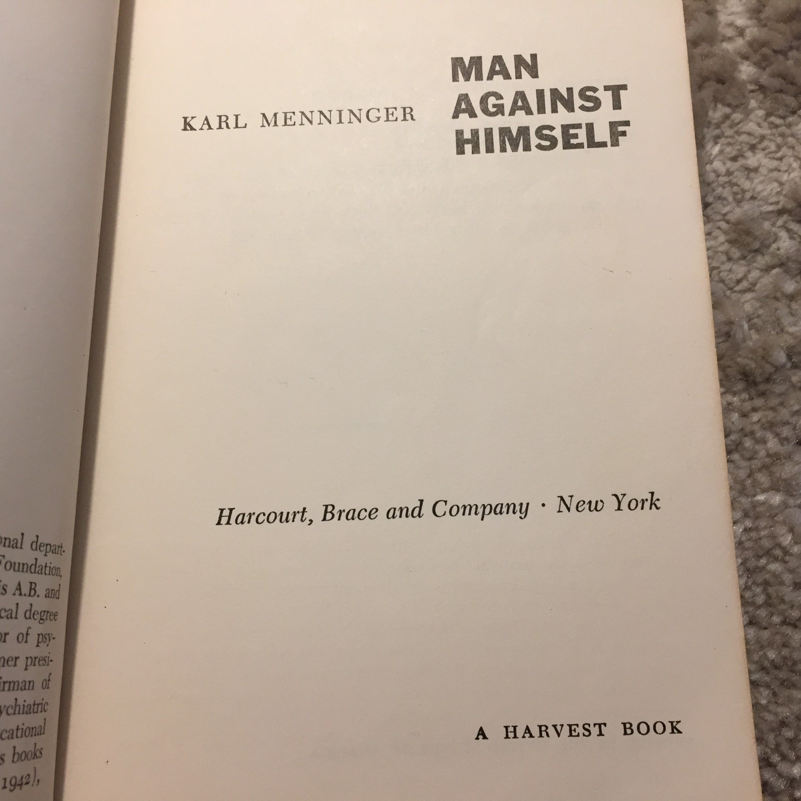 Man Against Himself Karl A. Menninger 1938 Harcourt Brace And Company Psychology