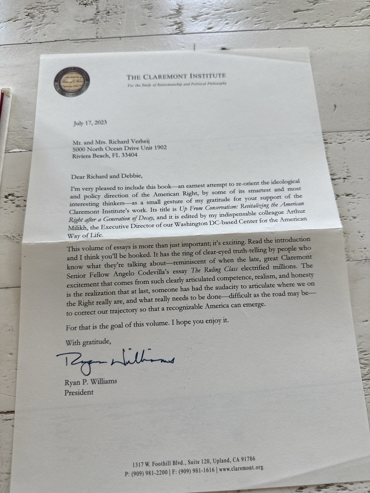 Up From Conservatism Arthur Milikh 2023 Claremont Encounter Books w/ Letter