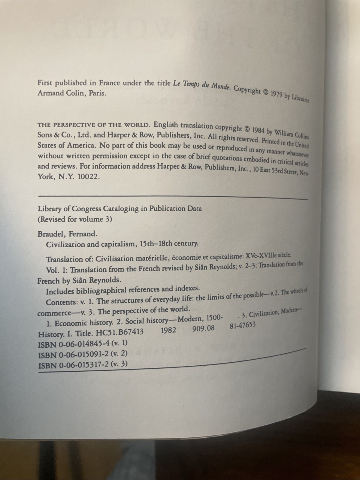 Fernand Braudel: Civilization & Capitalism Vol 1-3 Harper & Row Tr Pbks