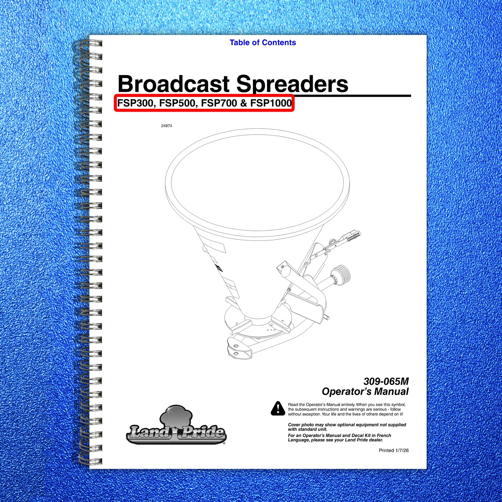 LAND PRIDE FSP Series Spreaders Operators Manual – WIRE BOUND – TOUGH COVERS