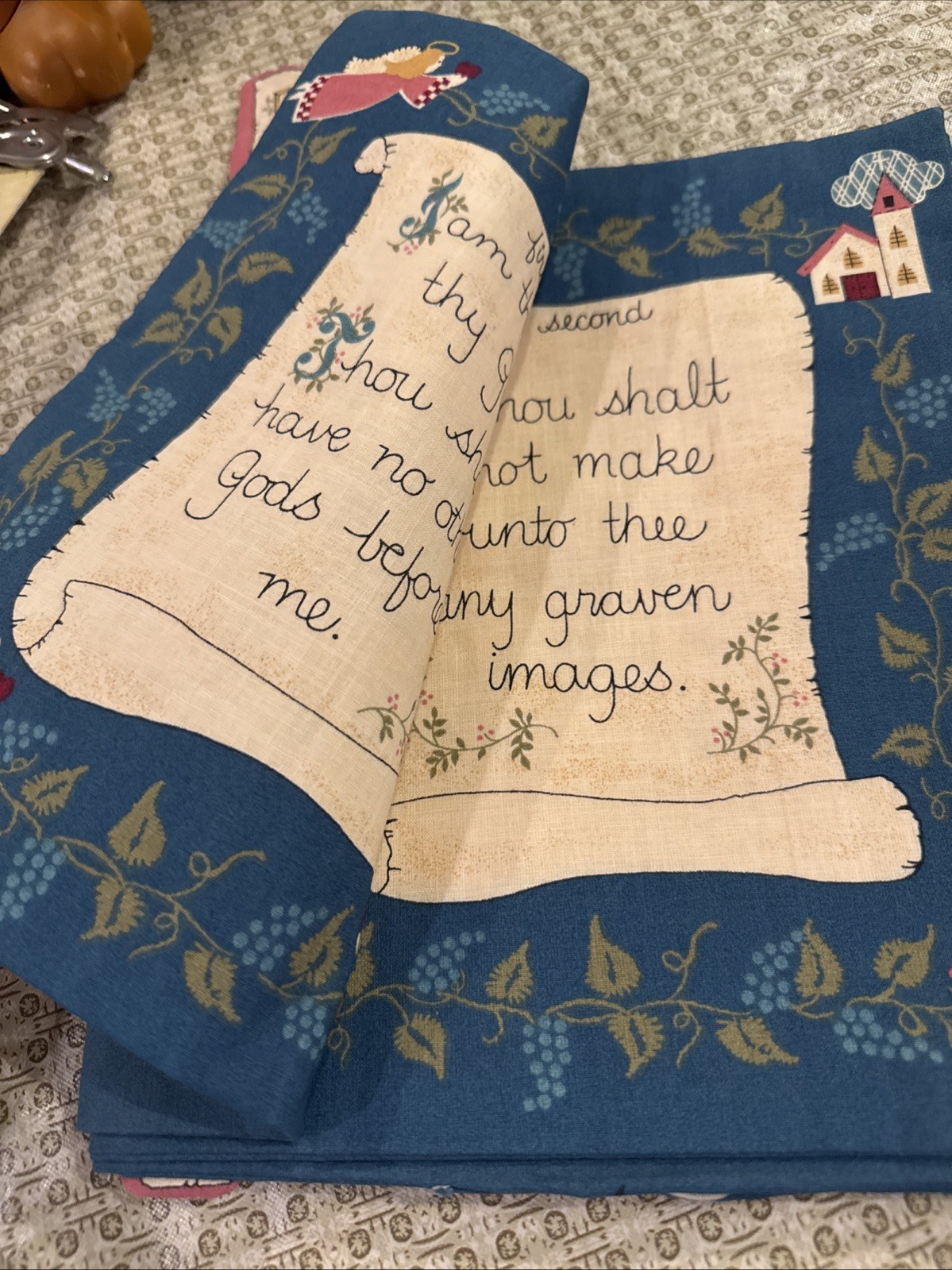 Vintage Cloth -Quilted 10 Commandments Book with Bookmark! 10 1/2 Inches Long