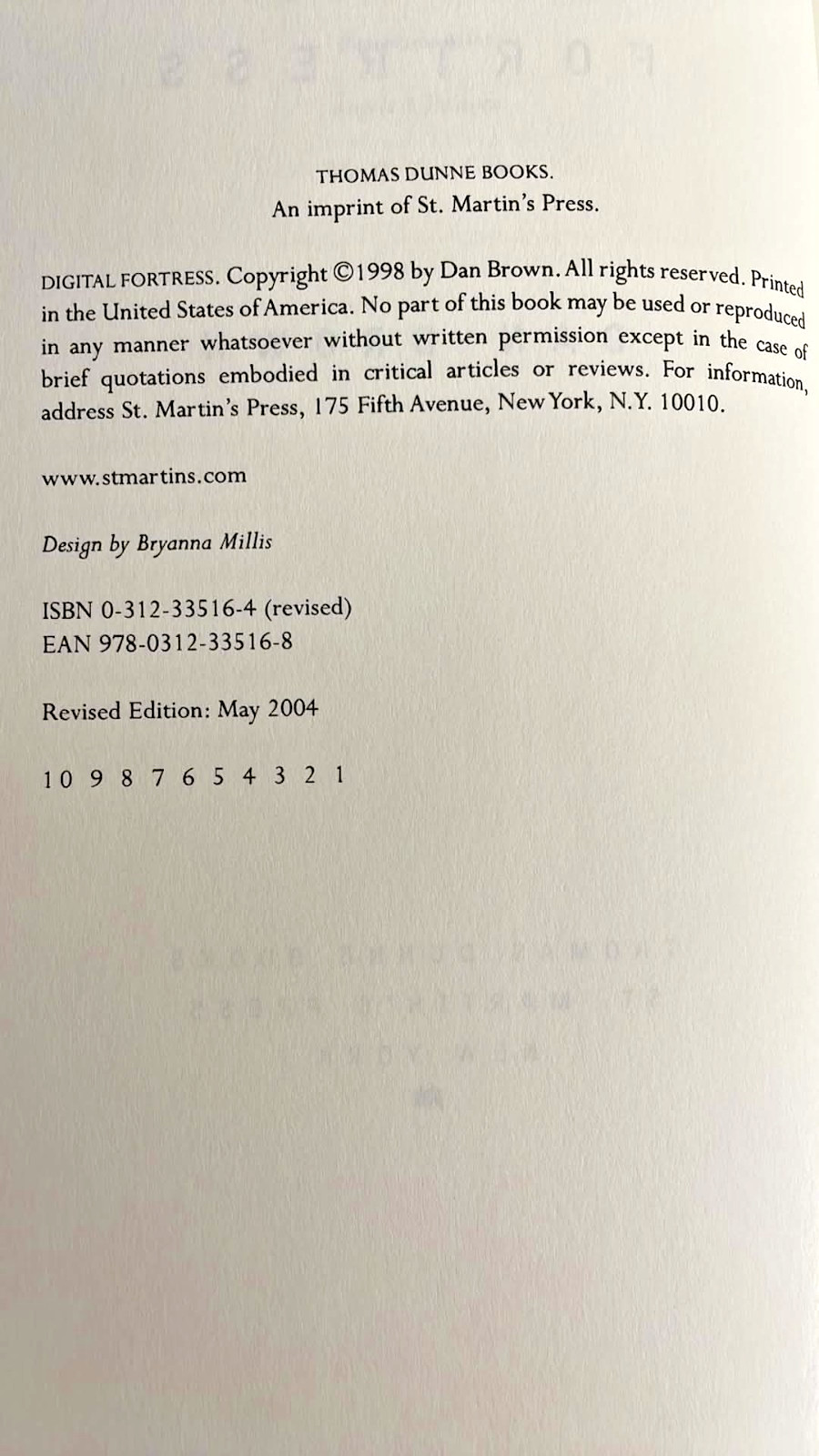 Digital Fortress by Dan Brown, 2004, Revised Edition, 1st Print, Hardcover NF