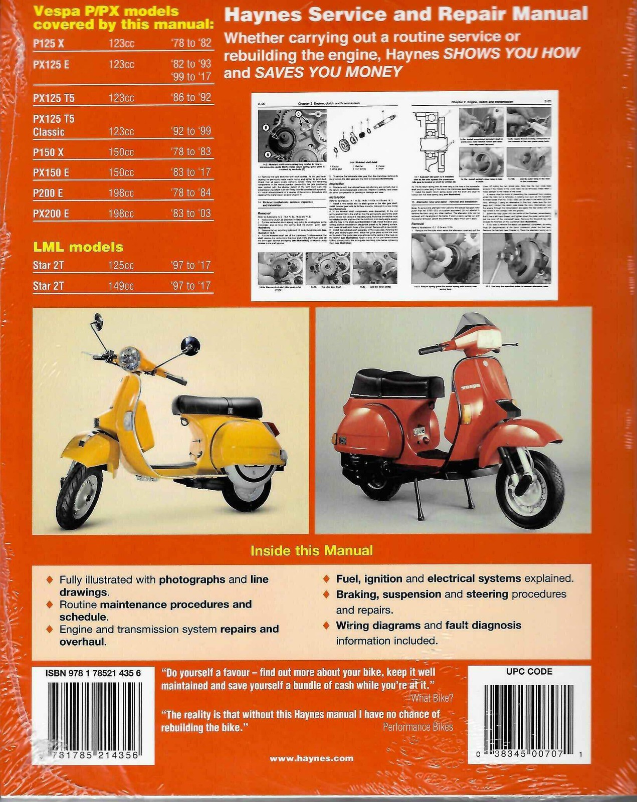 Vespa P/PX 125, 150 & 200 scooters (Inc. LML Star 2T) 1978 – 2017 Repair Manual
