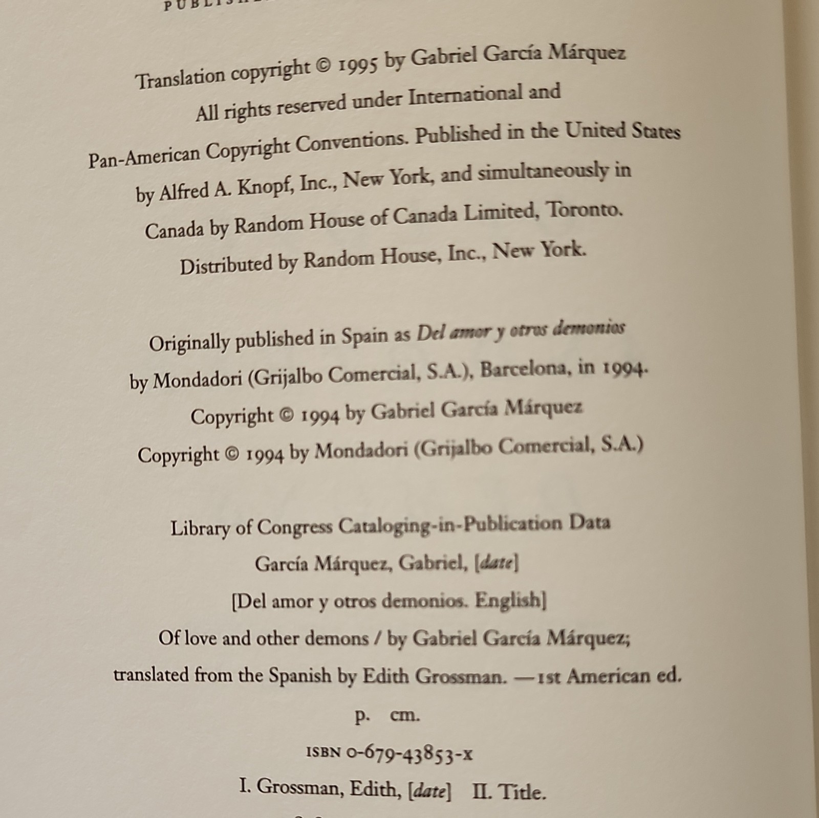 Gabriel García Márquez Of Love and Other Demons Hardcover 1995 First Am Ed