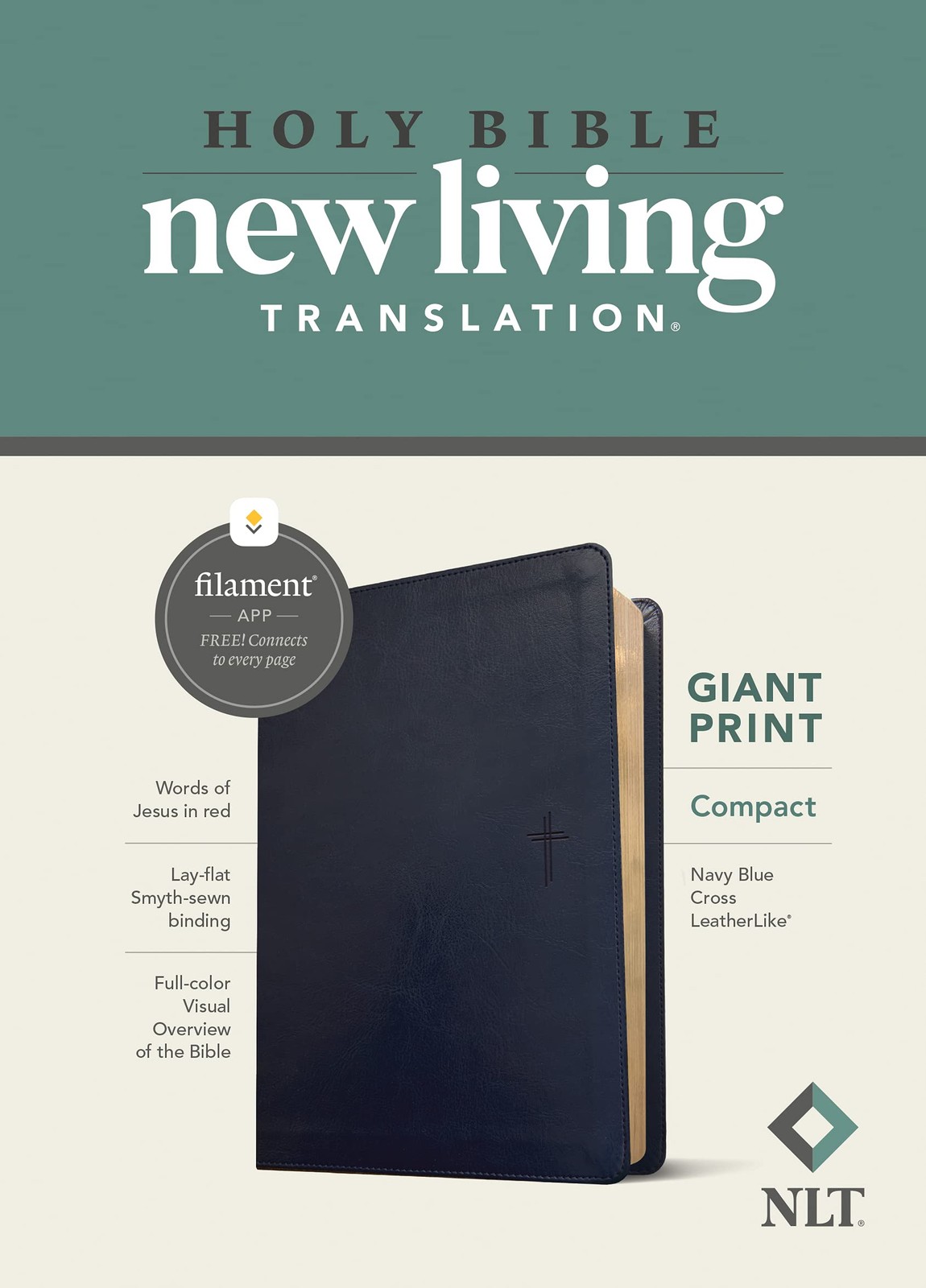 NLT Compact Giant Print Bible, Filament Enabled (LeatherLike, Navy Blue Cros…