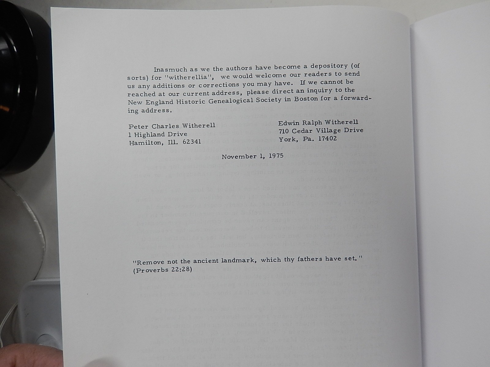 History and Genealogy of Witherell, Wetherell, Witherill of New England, 1976,HC