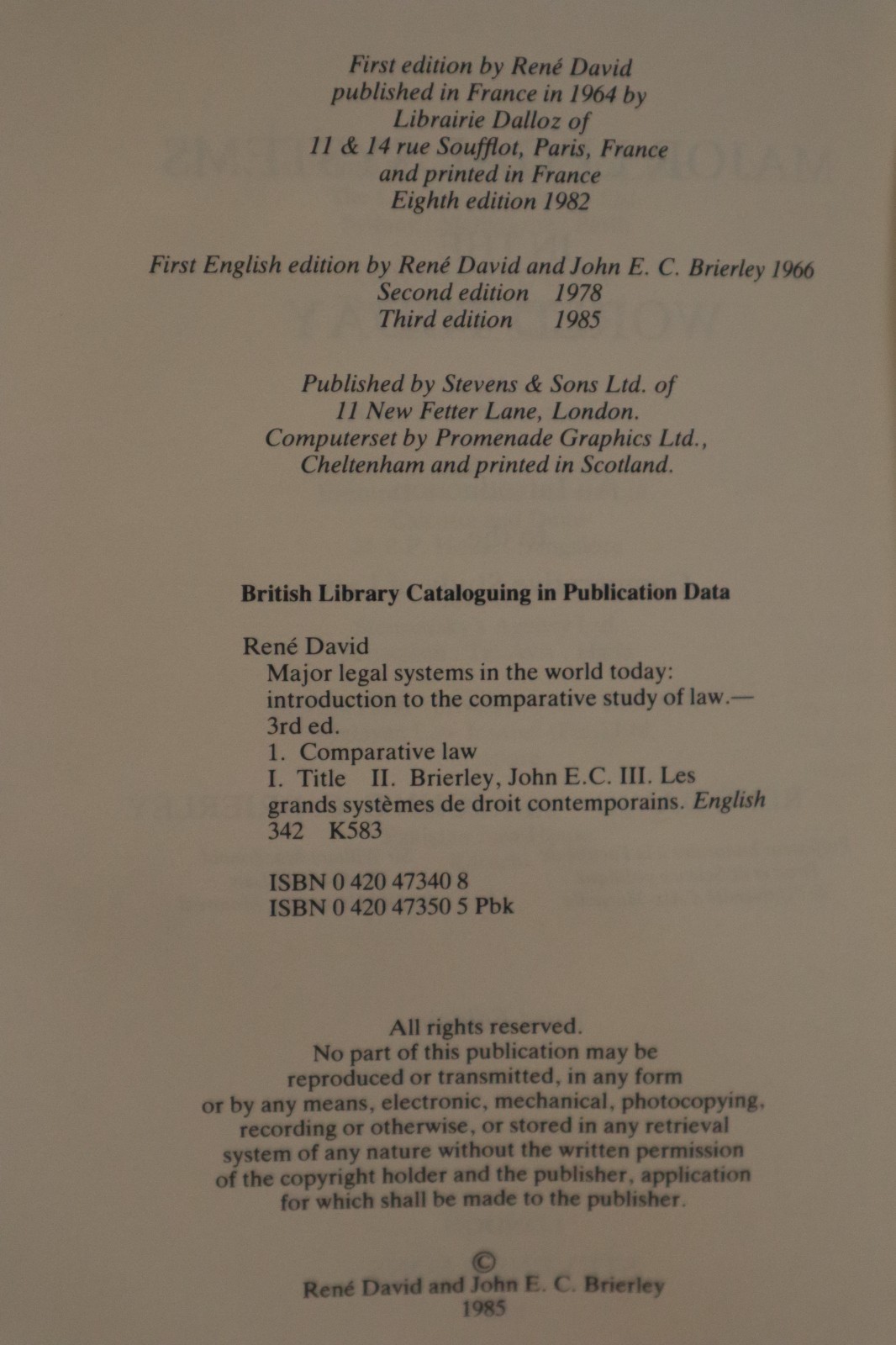 Major Legal Systems in the World Today Legal Classics Library hardcover 1990