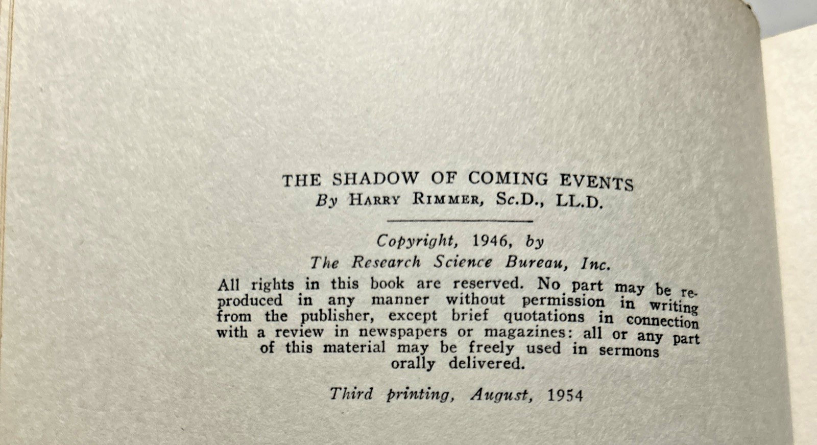 The Shadow of Coming Events (1954) ~ Harry Rimmer ~ Hardcover ~ Dust Jacket