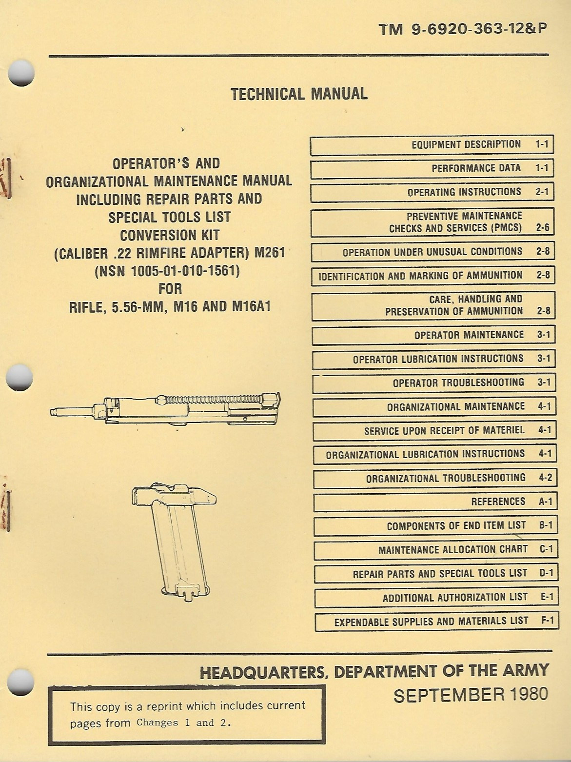 Historical book, Conversion Kit, .22 cal M261 for M16, M16A1, Maint/Repair Parts