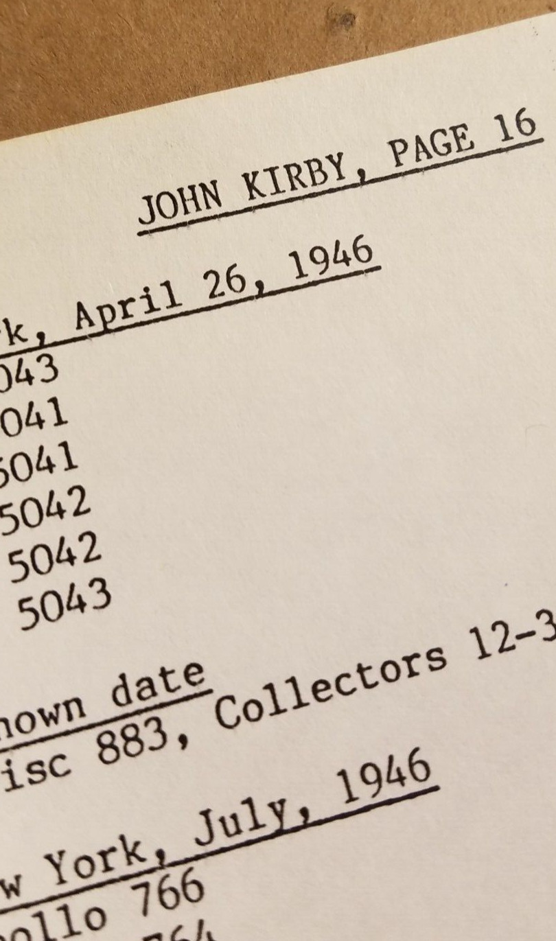 John Kirby Discography by Garrod of Joyce Record, First Draft, 16 pages, c1990