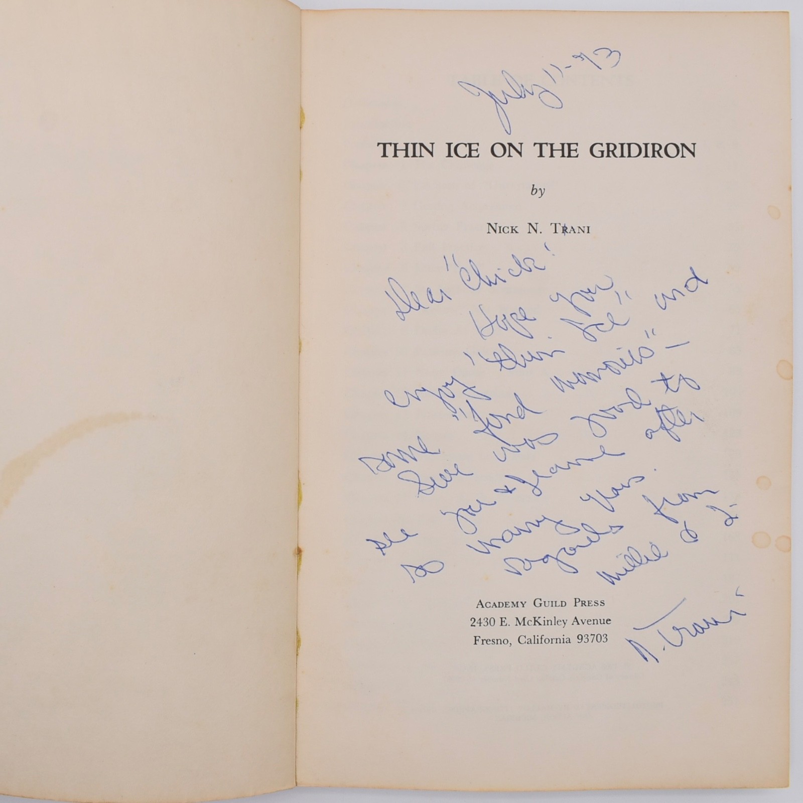 Thin Ice on the Gridiron by Nick N. Trani 1966 PB SIGNED Inscribed Football Book