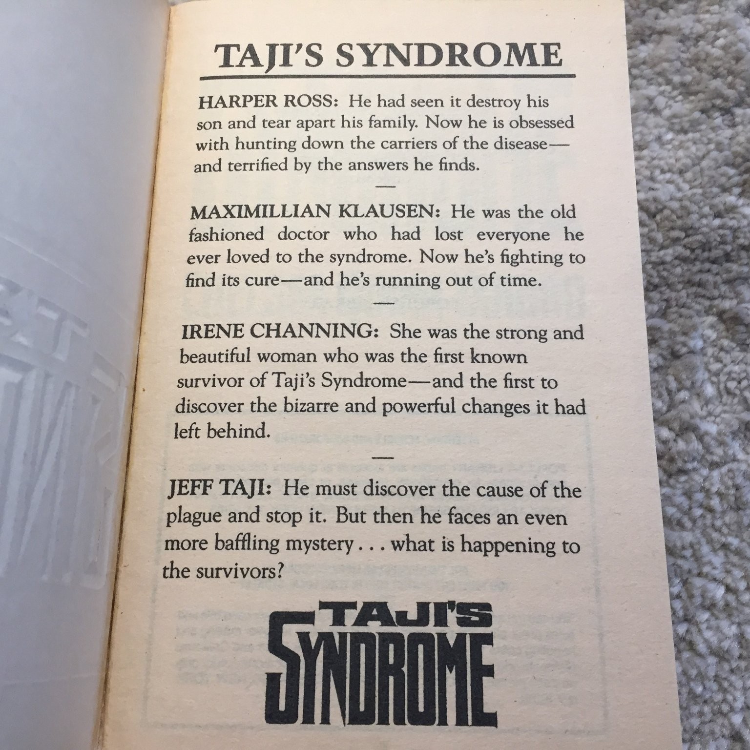 Taji’s Syndrome Chelsea Quinn Yarbro 1988 Popular Library Medical Thriller