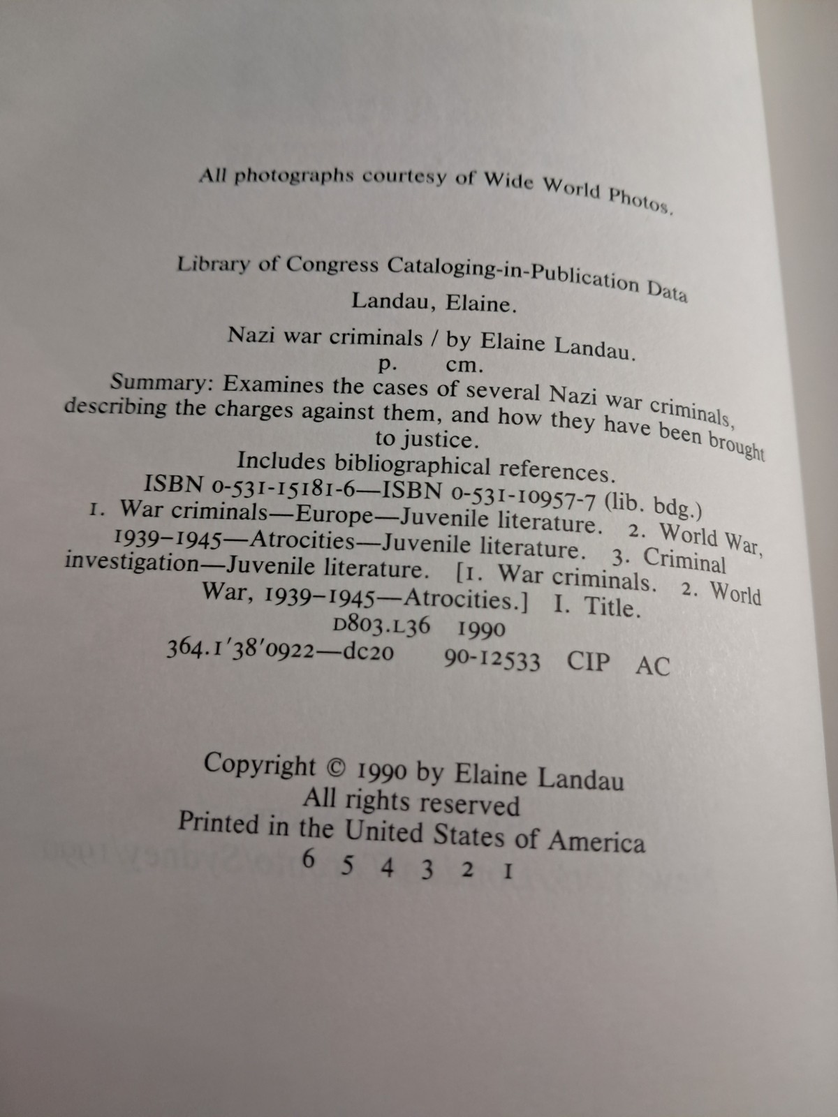Nazi War Criminals by Elaine Landau – 1st Edition 1st printing (1990) Hardcover