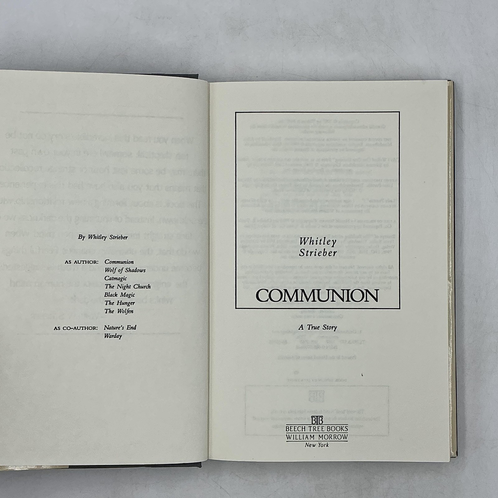 COMMUNION A True Story Whitley Strieber 1987 Hardcover Books Dust Jacket
