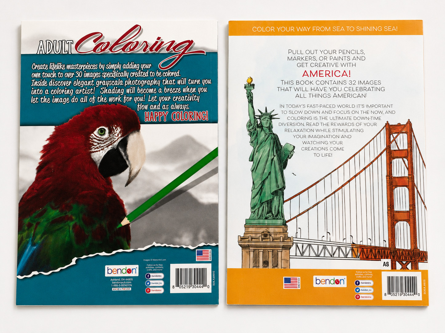 Adult Coloring Books Lot of 2 Grayscale Parrot America Landmarks Bendon
