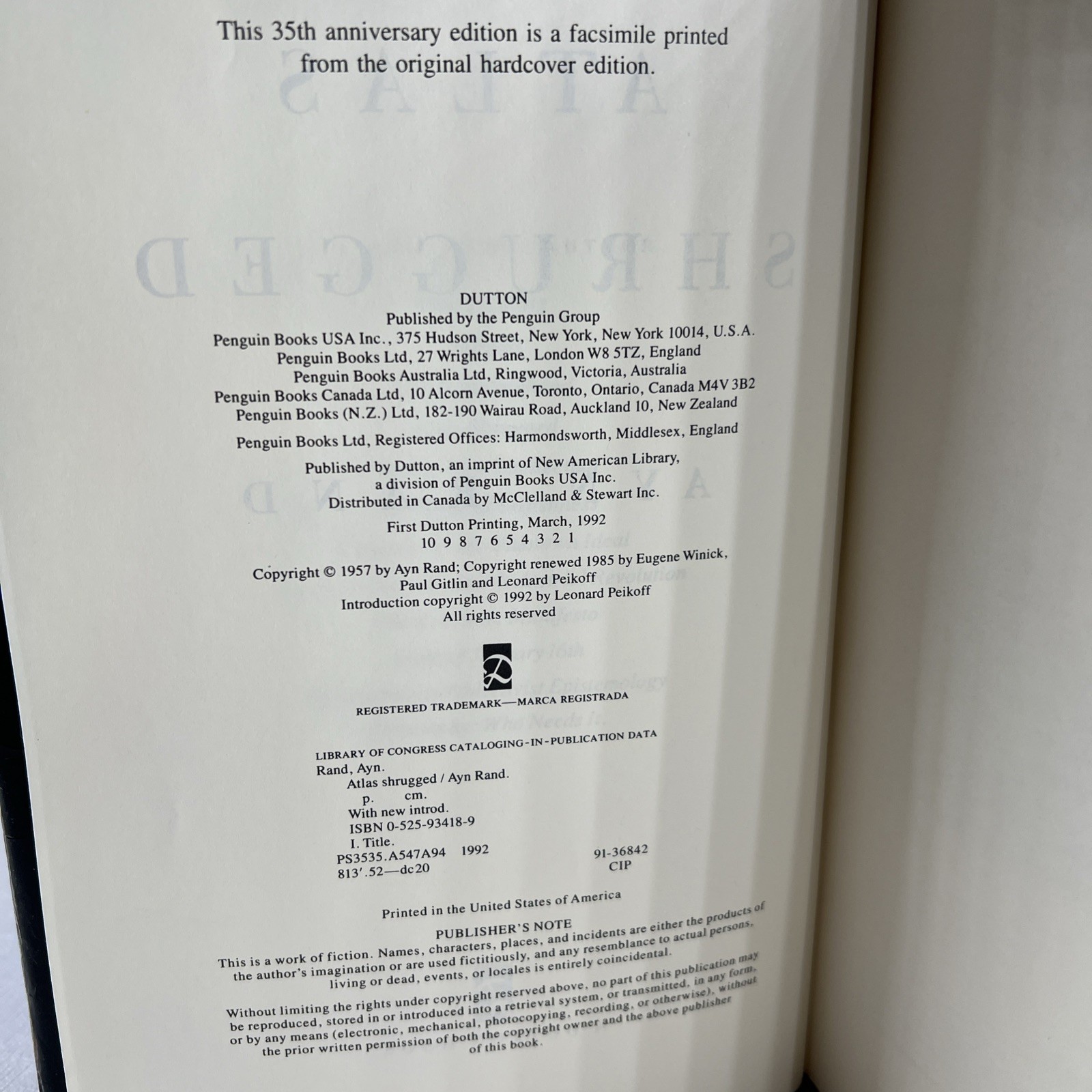 Atlas Shrugged Ayn Rand – 35th Anniversary Ed HB DJ 1st print VG Cond MB