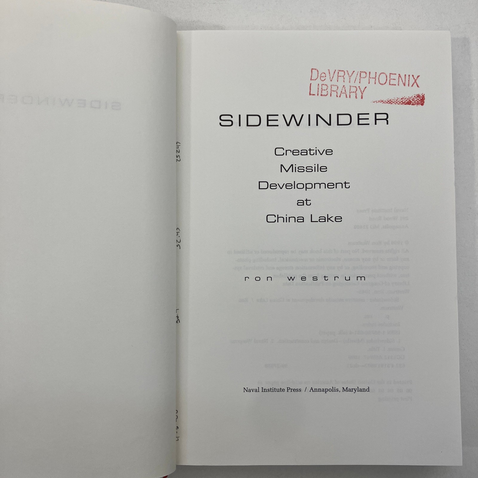Ron Westrum Sidewinder 1st Printing 1999 Ex-Library HCDJ Naval Institute Press