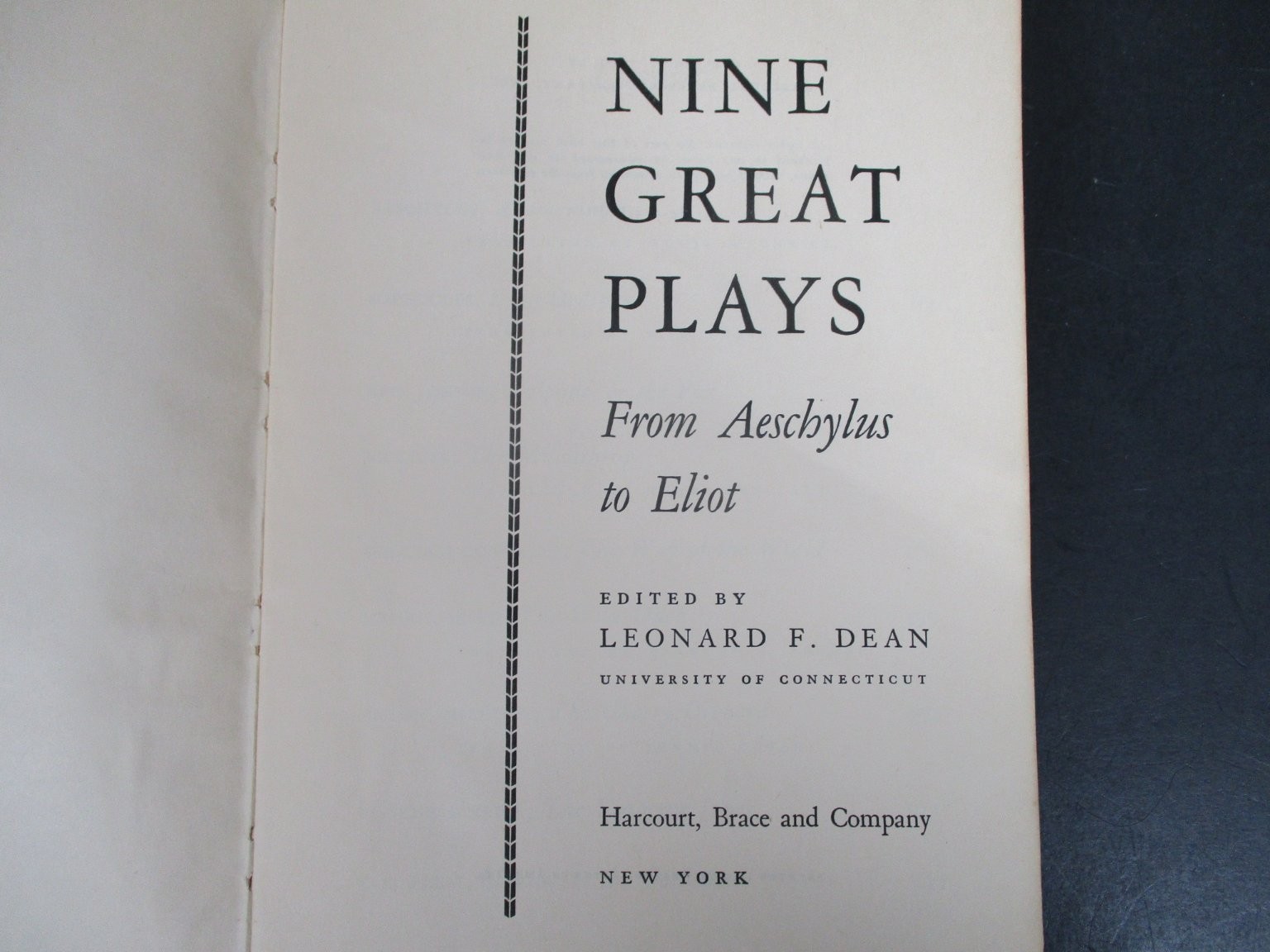 Nine Great Plays Aeschylus to Eliot Leonard F Dean 1950 Harcourt Brace Drama