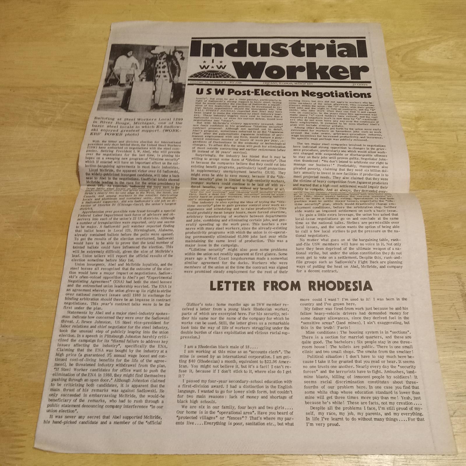 IWW Industrial Worker Vol 74 No 3 WN1368 March 1977 Chicago Fold Over Newsprint