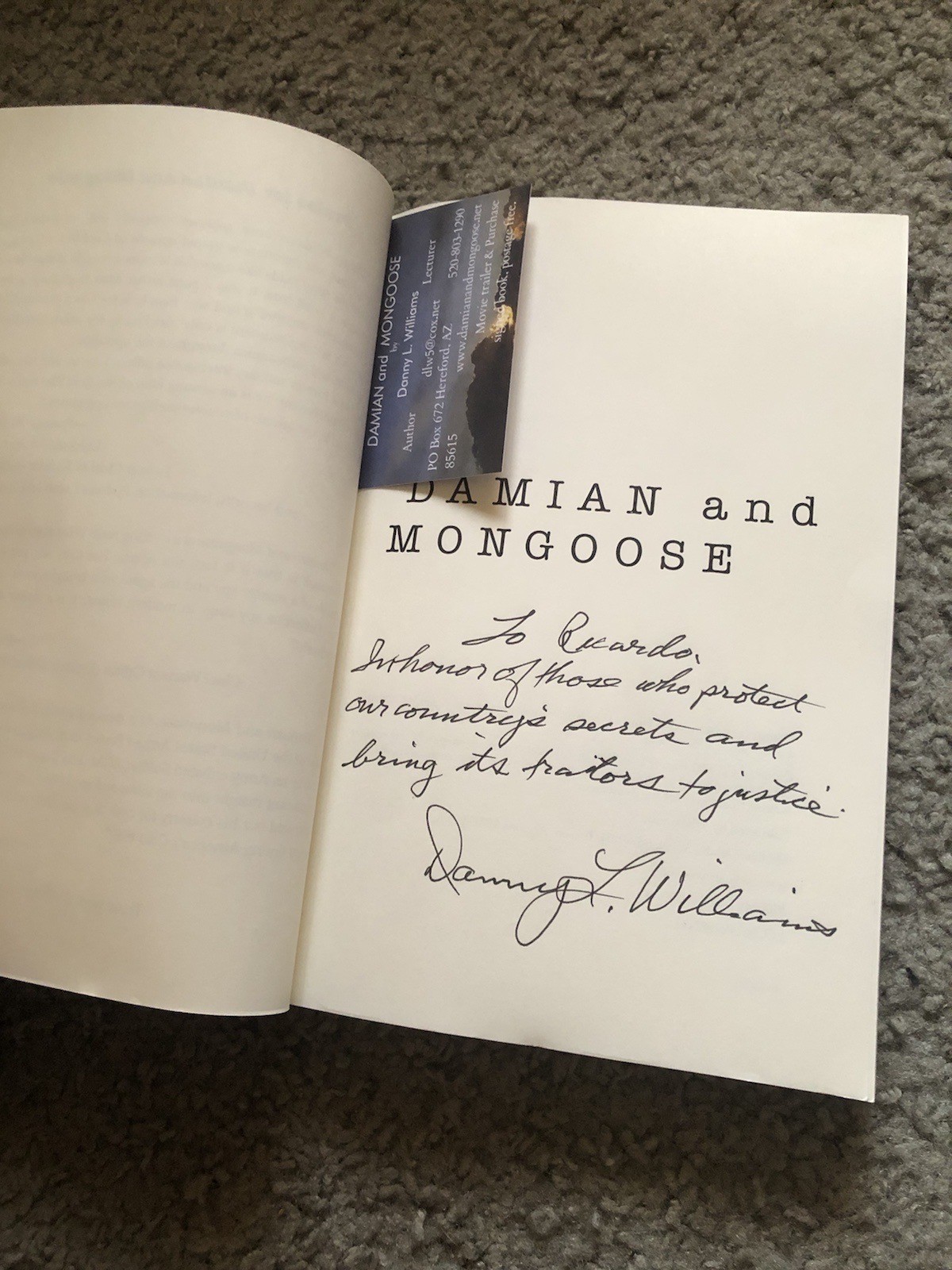Damian and Mongoose Danny L. Williams Signed Copy US Army Counterespionage Book