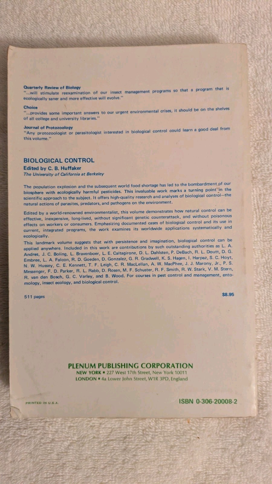 Huffaker, BIOLOGICAL CONTROL, 1974, PB, Natural Insecticide Environment Ecology