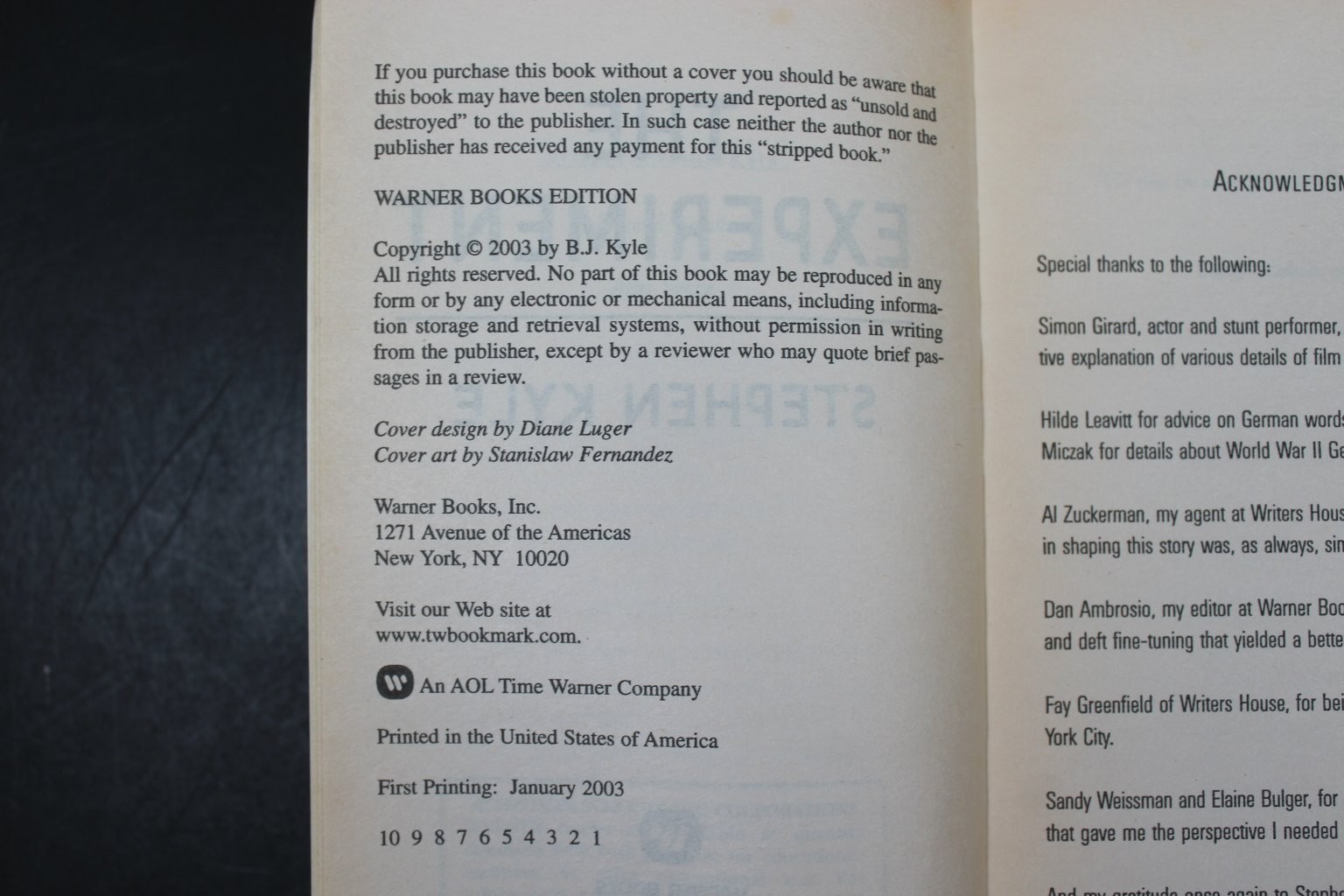 The Experiment Stephen Kyle 2003 First Printing Thriller Warner Books PB