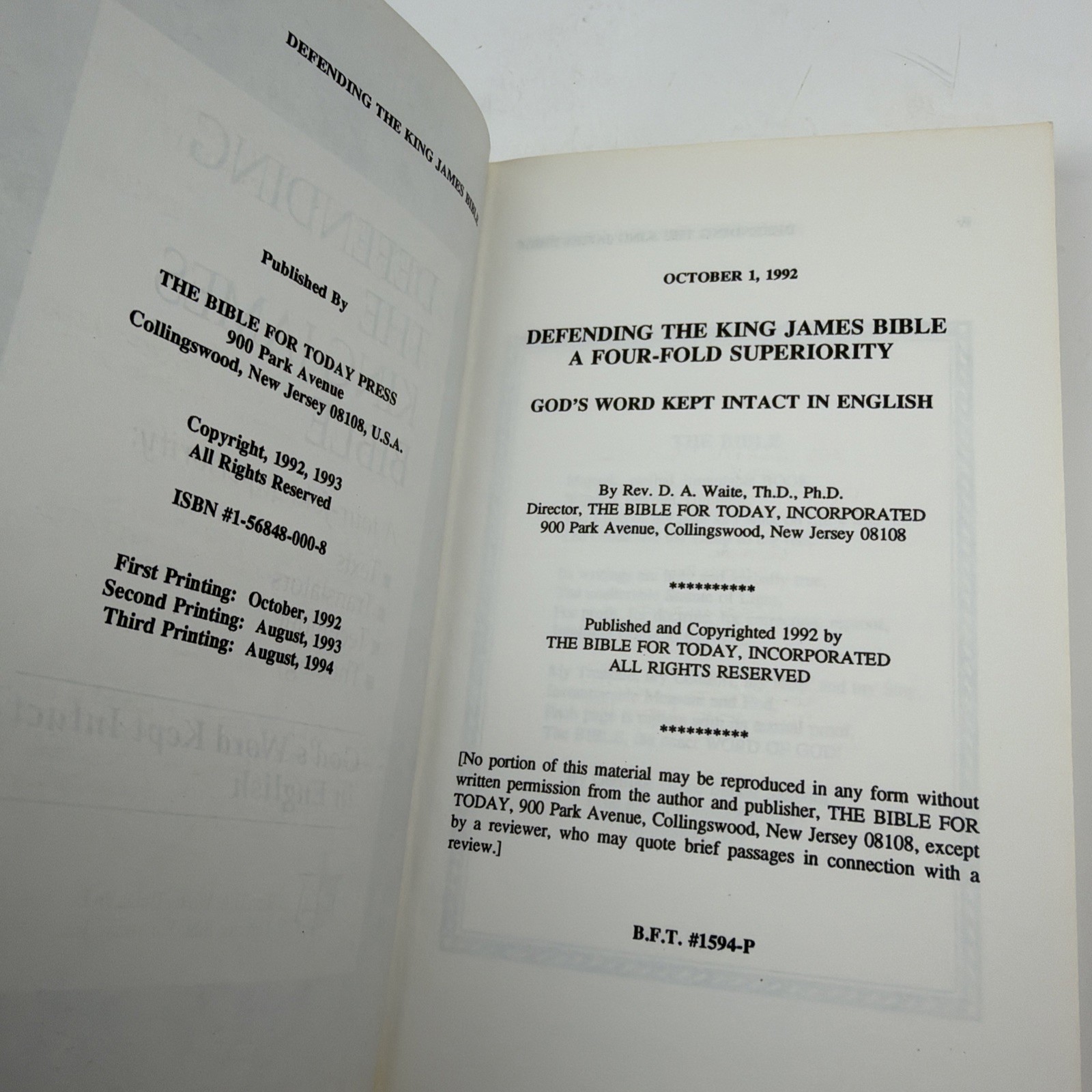 Defending The King James Bible D.A. Waite KJV Superiority 1994 3rd Printing PB