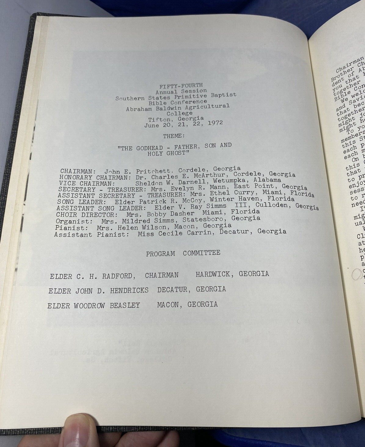 1972 54th Annual Southern States Primitive Baptist Conference Program History