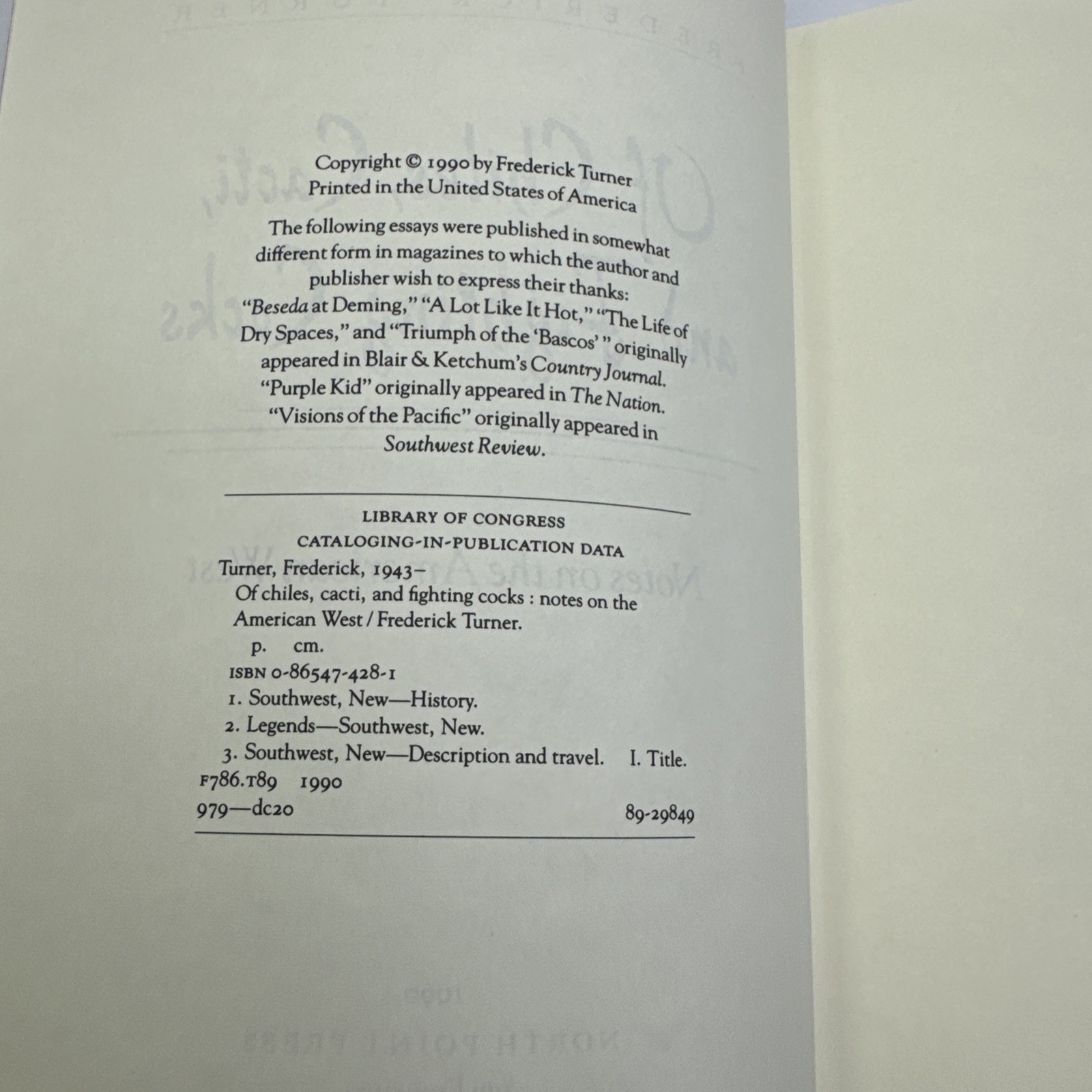 Frederick Turner Of Chiles Cacti and Fighting Cocks Notes on American West 1990