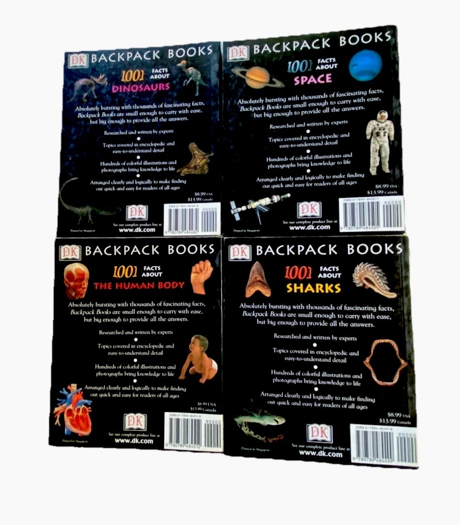 Lot of 4 Backpack Books 1001 Facts about Space, Human Body, Sharks, Dinosaurs