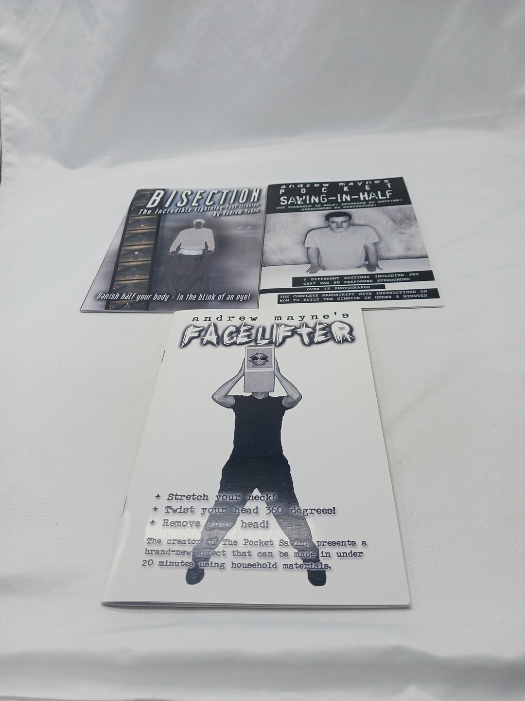 3 Andrew Mayne Books – Pocket Sawing in Half, Facelifter, Bisection- Illusion