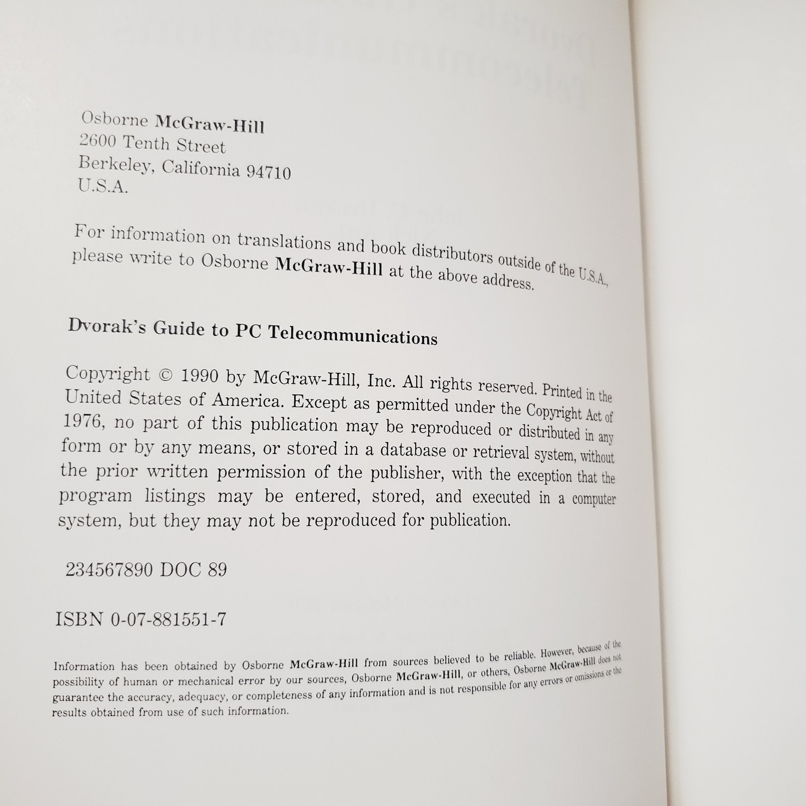 Dvorak’s Guide to PC Telecommunications Book Vintage 1990 Technology Computer