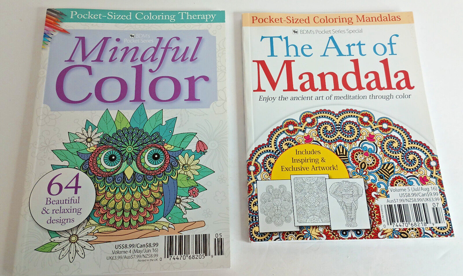Adult Coloring Books Mindful Color & Art of Mandala Pocket Sized BDM Lot of 2