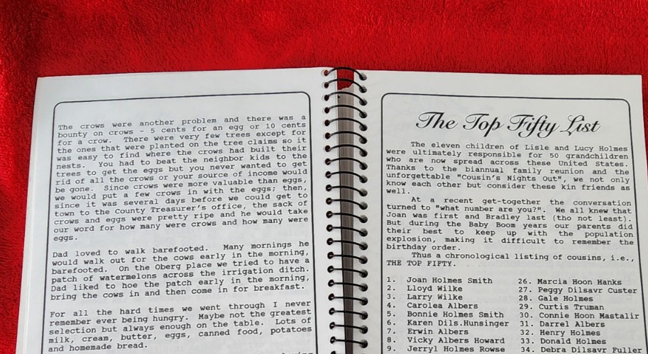 HOLMES FAMILY COOKBOOK LOUP COUNTY, NEBRASKA Recipes, Sprial 1994 Morris Press