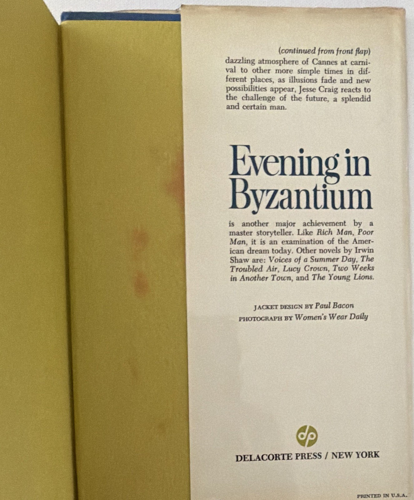 Irwin Shaw – Evening in Byzantium HC (Delacorte Press, 1973) DJ 1st Print