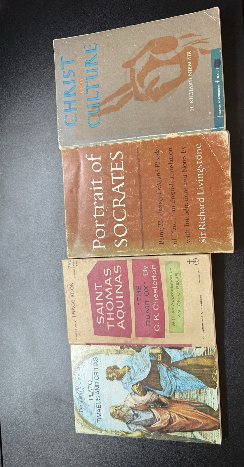 Plato, Niebuhr, Chesterton paper back books. Theology and philosophy.